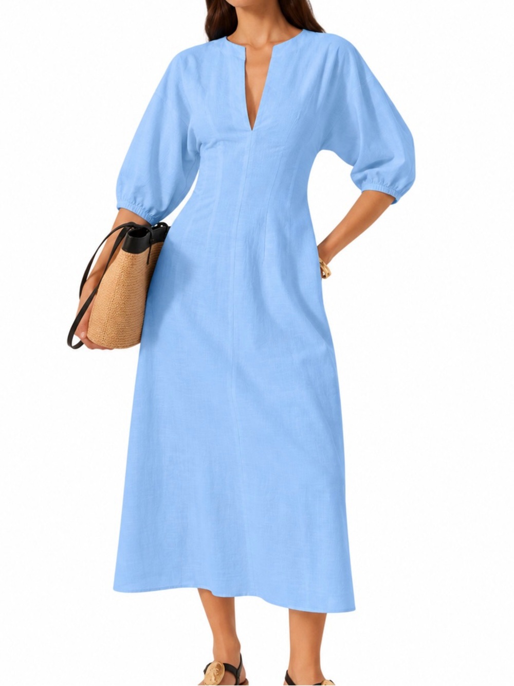 Commense Light Blue Linen Cotton Puff Sleeve Midi Dress XS NWT